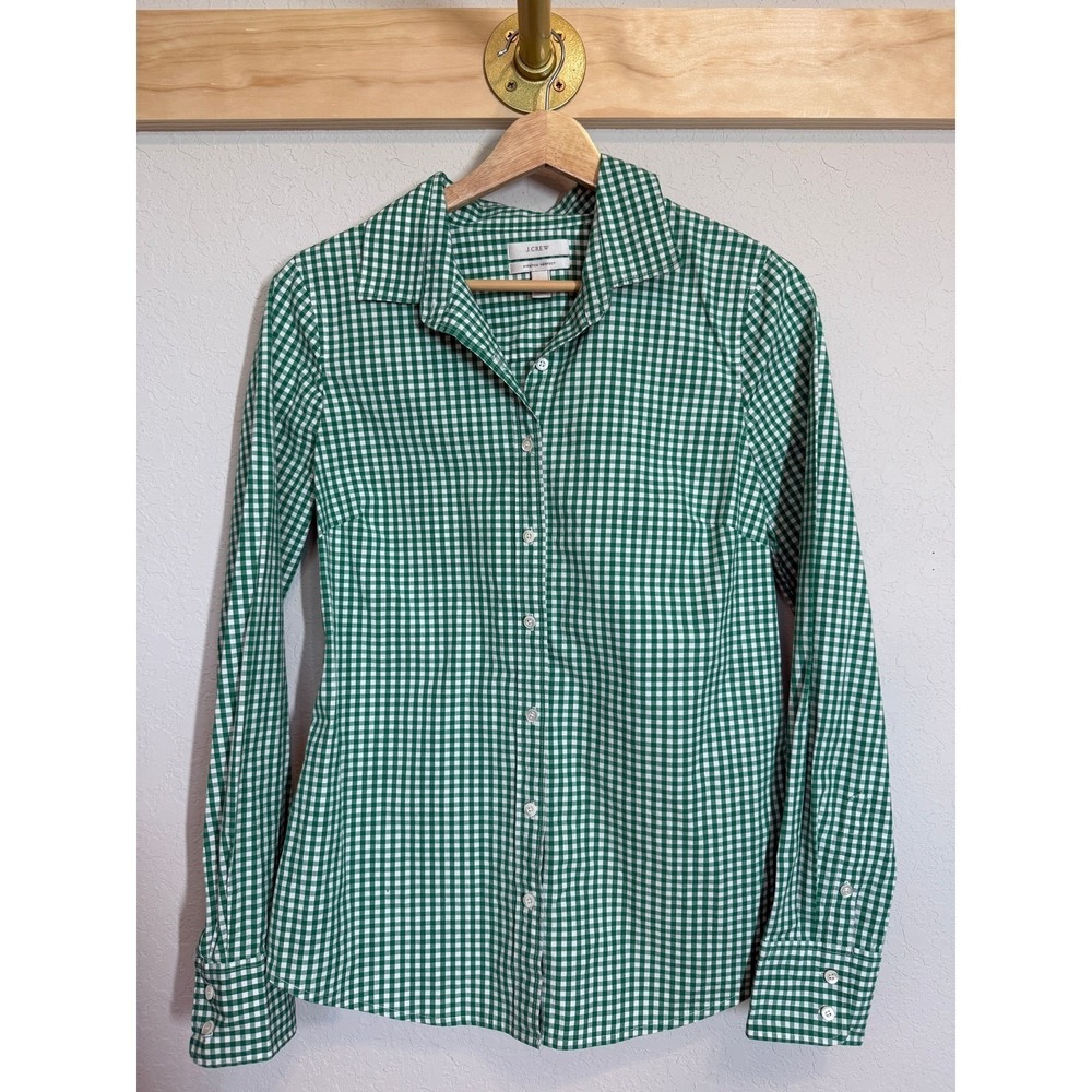 Women's J. Crew Green and White Gingham Stretch Perfect Button Down Size S - Picture 7 of 9